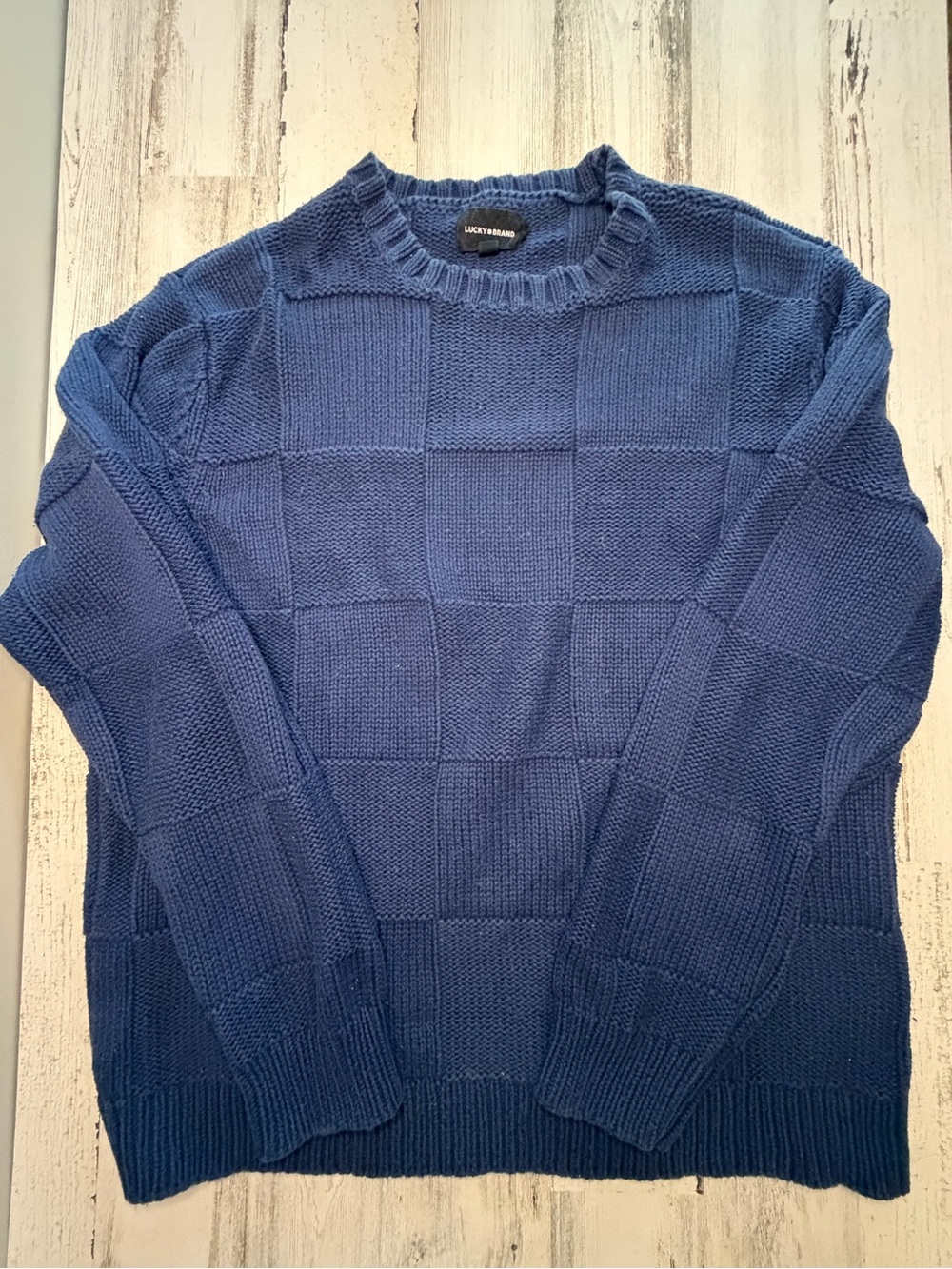 Lucky Brand XL Blue Checkerboard Textured Knit 100% Cotton Oversized Sweater